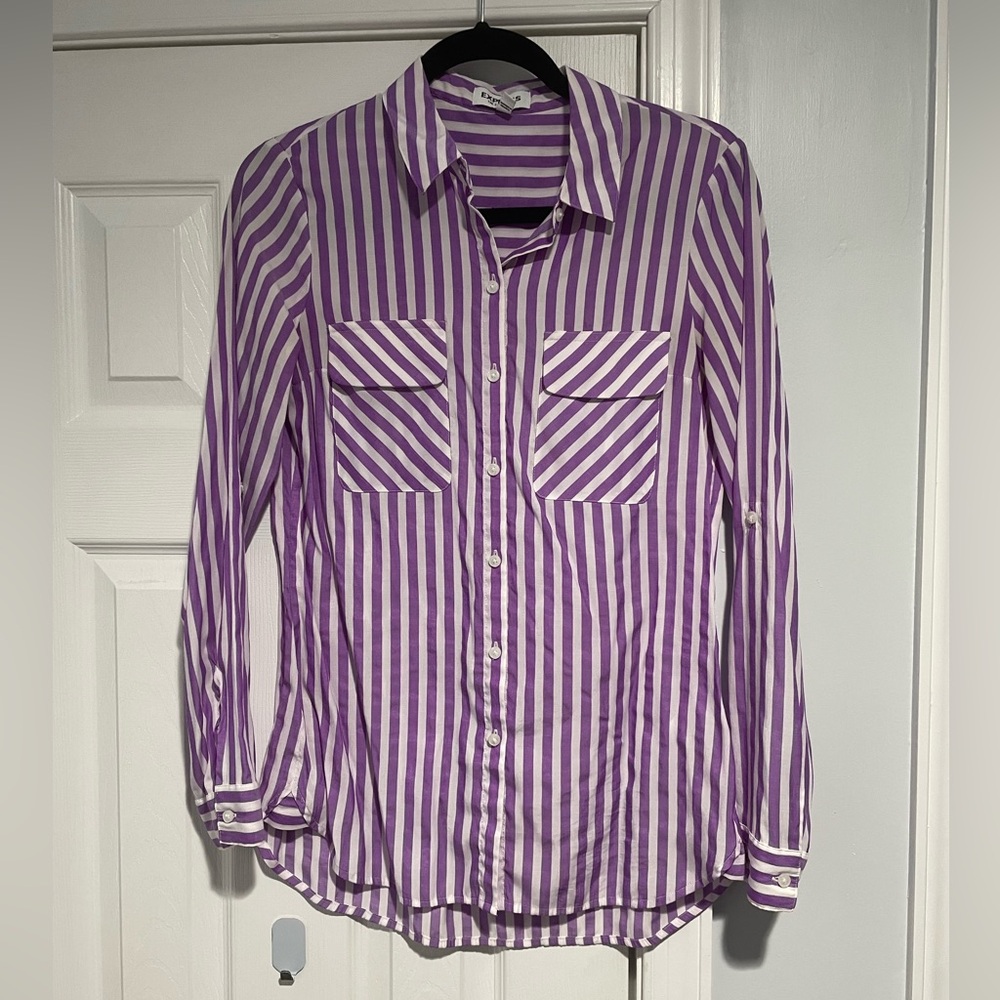 Express Striped Button-Front Shirt in Purple and White